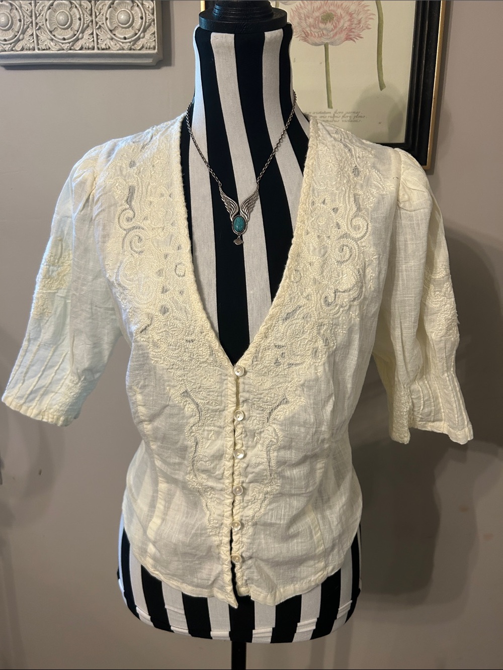Free People Cream Embroidered V-Neck Button Front Blouse